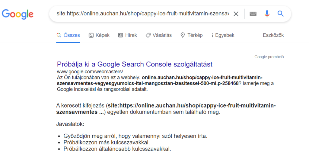 Az auchan cappy termékoldala nem található a Google indexben