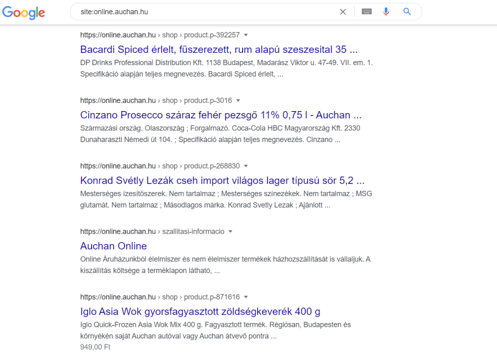Auchan találatok a Google-ben egy site search operátor segítségével