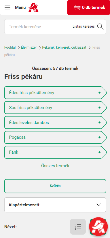 Friss pékáruk listaoldal mobilon az online.auchan.hu-n
