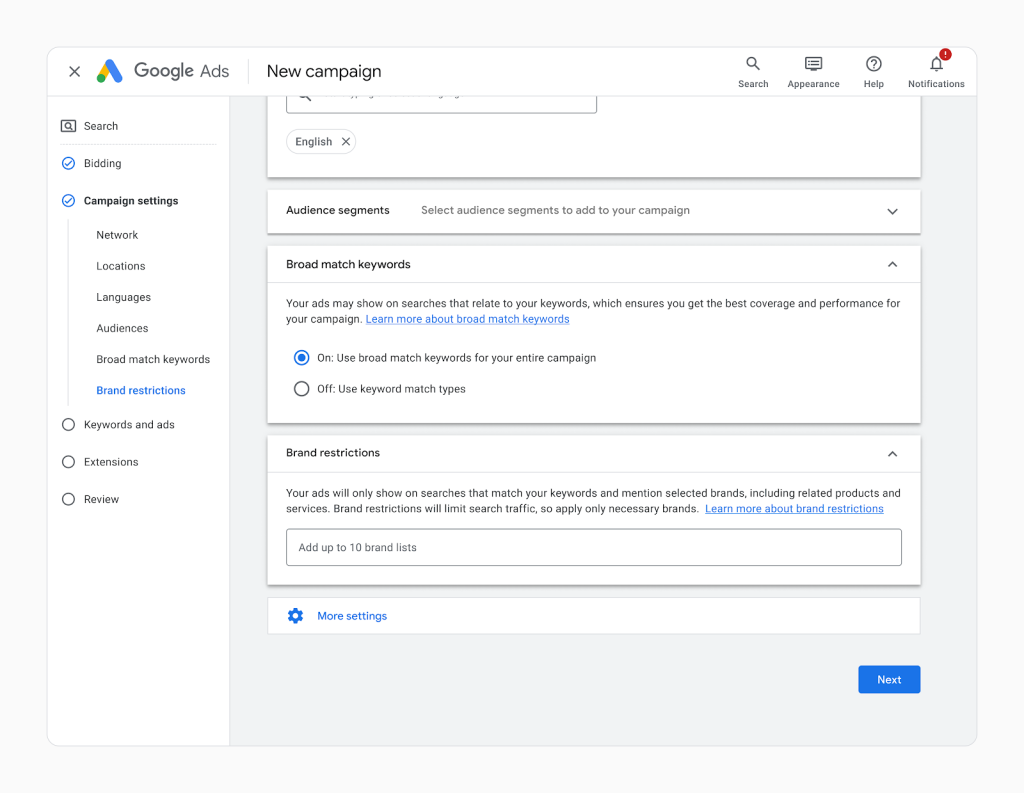 Képernyőkép a Google Ads UI márkakorlátozásairól